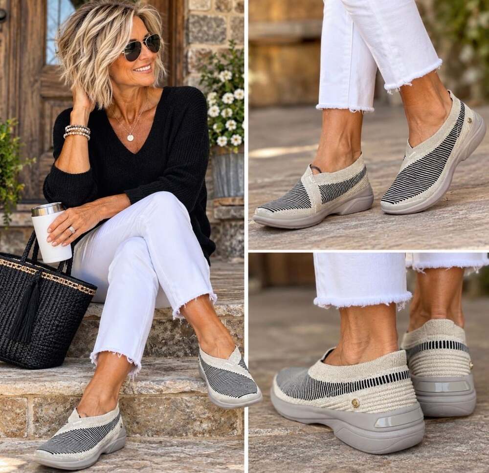 BZees Women’s Size 9M Knit Slip-On Walking Shoes Cream Black Comfort Sneaker